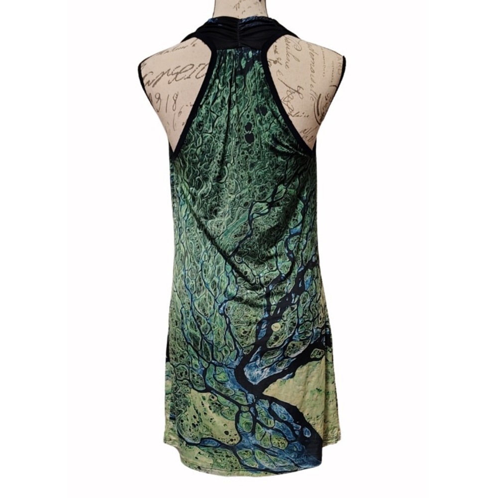 Blue Green Shift Mini Slip Dress M Earth Image Cowl Neck Nature Festival - Picture 4 of 6